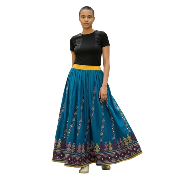 HandmadeWomen's Boho Teal embroidered maxi‎ skirt with a yellow waistband